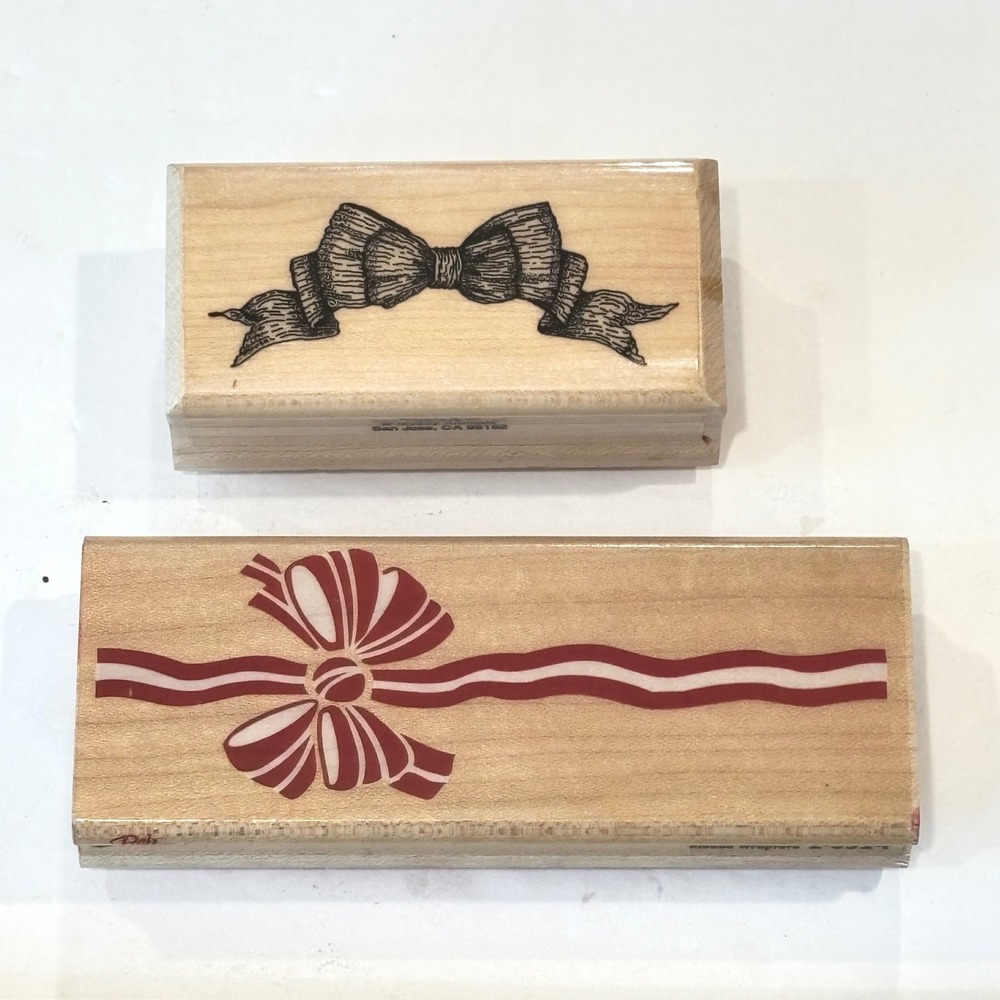 Rubber Stampede Bow Ribbon Stamps Set 2 Wood Mounted Vintage